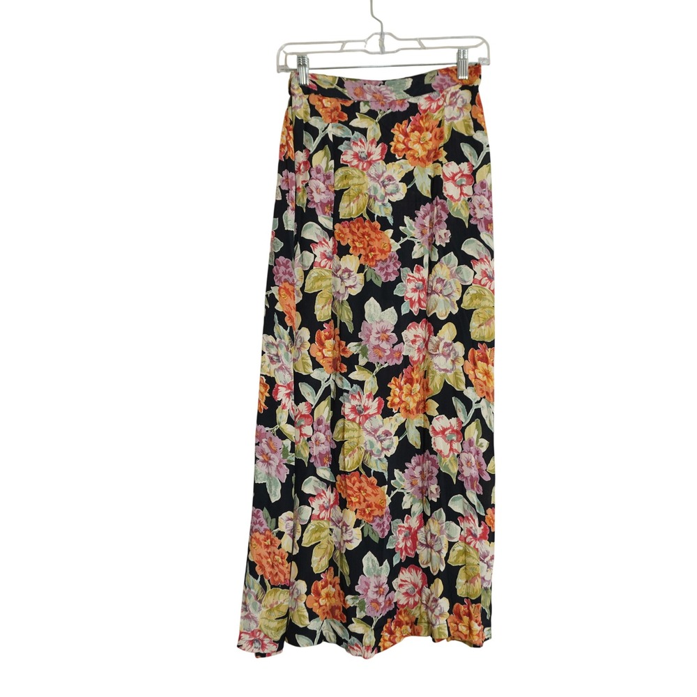 Passports Pier 1 Imports Vintage Floral Maxi Skirt Black Rayon Boho Size Small
